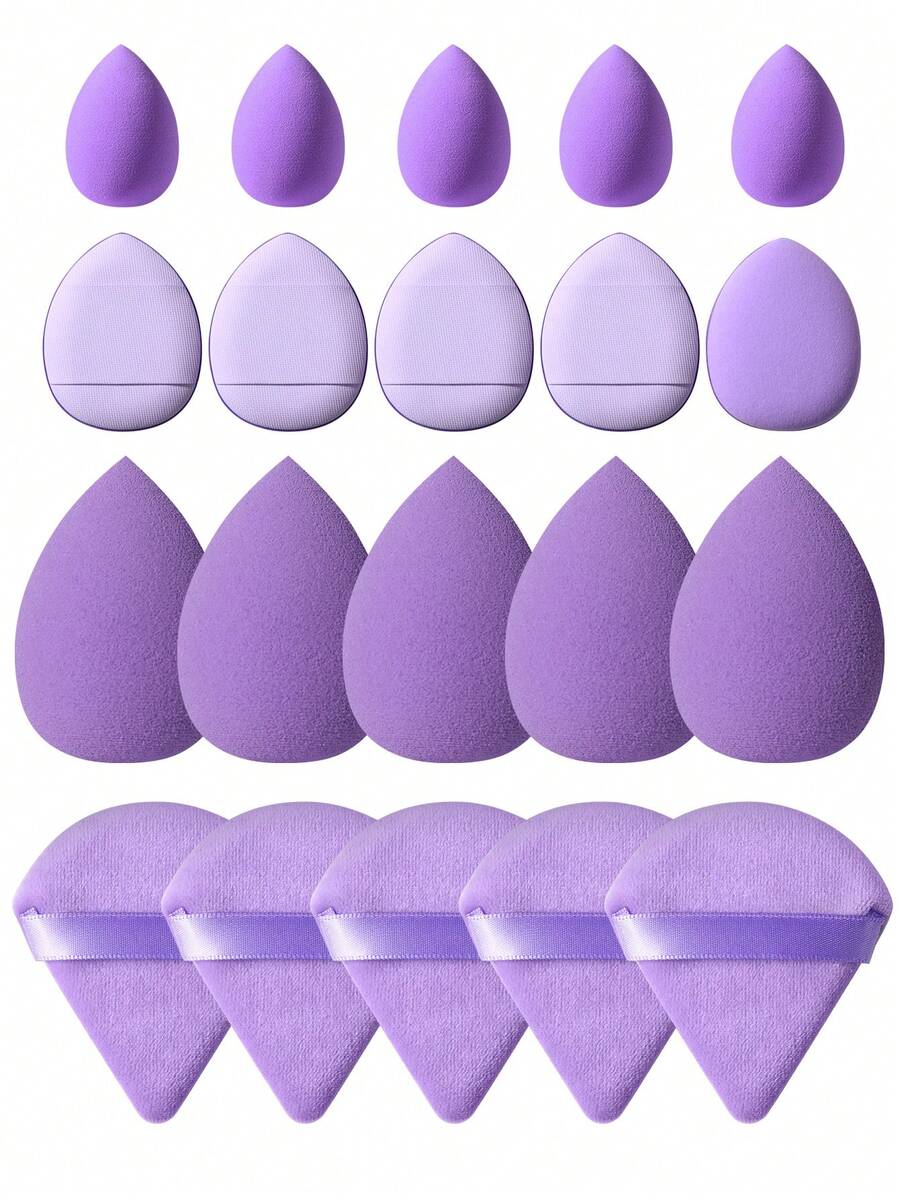 20 Pcs Purple Makeup Sponge Kit, 5 Large, 5 Small Beauty Sponges, 5 Triangular Puffs And 5 Finger Puffs. Different Shapes Fit Face, Corners And Detail Areas. Soft Elastic Material Is Gentle On Skin, Great For Daily Foundation And Concealer. - Multicolor - View 1