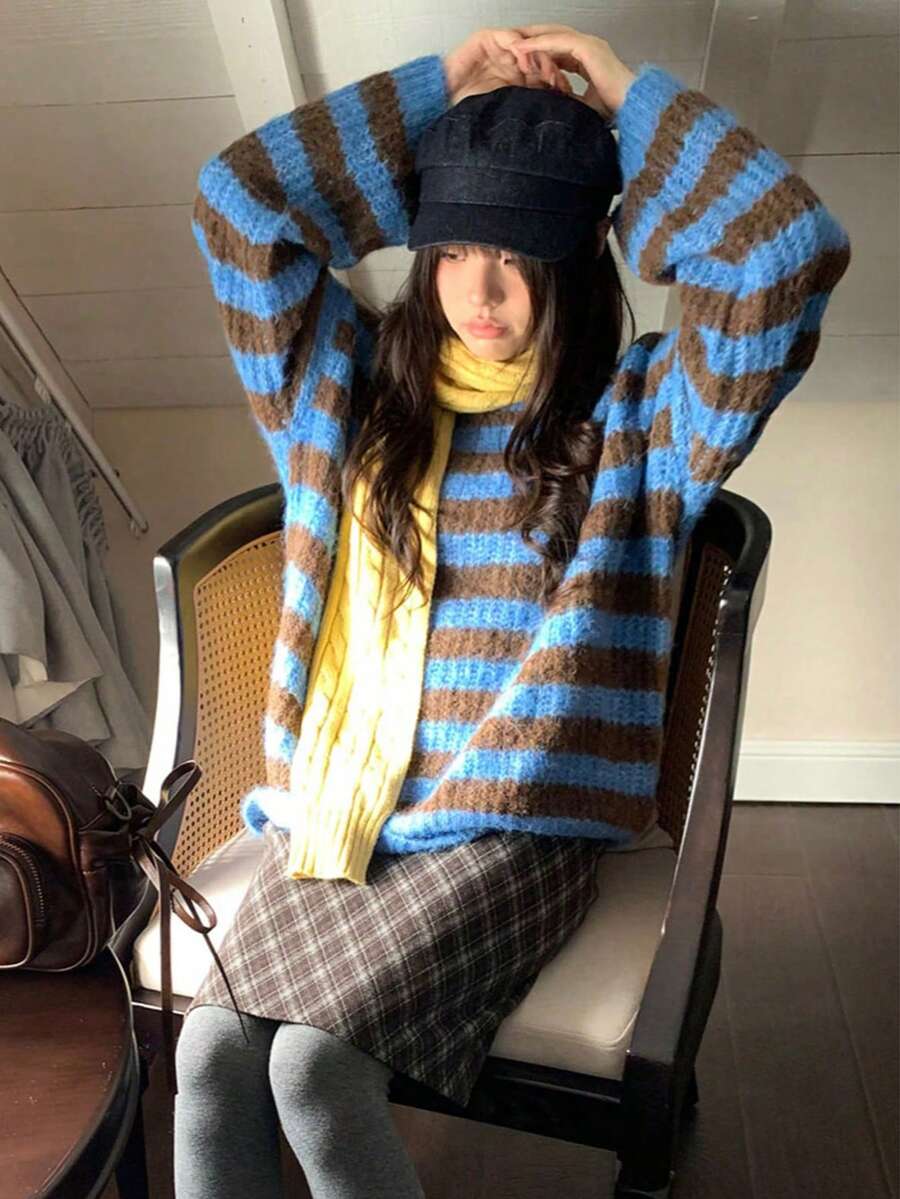 Korean Style Casual Round Neck Contrast Color Striped Drop Shoulder Long Sleeve Top Women Autumn Winter Loose Lazy Thick Knit Sweater - Blue and Brown - View 1