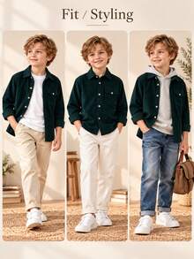 Young Boy Kids Fashion Street Casual Dark Green Corduroy Long Sleeve Shacket - Dark Green - View 3