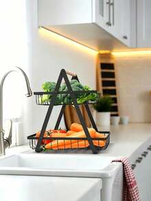 3‑Tier Metal Fruit Storage Basket With Wooden Handle, Foldable Countertop Organizer, Food Display Holder, For Kitchen Counter, Dining Table, Outdoor Picnic, Perfect For Family Users To Store Fruits, Vegetables And Snacks - Multiple Specifications - View 3