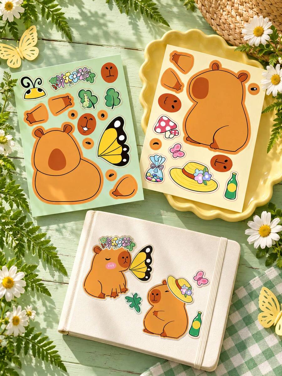 8 Sheets Capybara Dress-Up Collage Stickers, Cute Capybara Face Swap Stickers, Multiple Scene Accessories DIY Matching Stickers, Including Food, Bathtub, Hat, Butterfly, Facial Features, Free Combination Design Capybara Style, Used For Scrapbook Decoration, Leisure Craft Entertainment, Inspire Imagination And Creativity, Healing Style Creative Collage Material, Capybara Dress-Up Stickers, Removable Cartoon Capybara Style Stickers - Multicolor - View 1