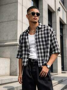 WAIT HIM Men's Casual Front Button Short Sleeve Plaid Shirt, Summer - Black and White - View 2