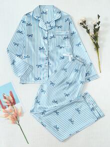 2 Pieces Satin Striped Bow Pajama Set, Sweet And Cute Lapel Button Long Sleeve Top And Pants, Women's Sleepwear And Loungewear Suitable For Home Use - Blue - View 3