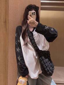 Kaos Lengan Panjang Raglan Kontras Hitam & Putih untuk Wanita, Dekorasi Rhinestone Bintang, Potongan Longgar, Lengan Raglan, Leher Bulat, Atasan Lapisan Dasar Kasual Serbaguna - Penyambungan hitam dan putih - View 3