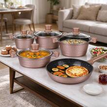 11PCS Rose Gold Diamond Embossed Die-Cast Aluminum Non-Stick Cookware Set With Glass Lids, Induction Compatible Kitchen Cooking Pots And Pans Gift Set - View 5