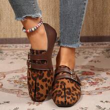 Vintage Patchwork Faux Split Toe Flat Shoes For Women, Autumn New Versatile Square Toe Comfortable Fashion Slip-On Double Buckle Loafers - Brown Leopard Print - View 4