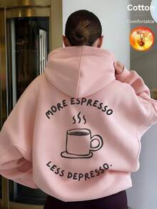 Women's Thermal Lined Hooded Sweatshirt, Coffee Cup Graphic, Printed With "MORE ESPRESSO LESS" Text, Y2K Style, Autumn/Winter - Sand Red - View 11