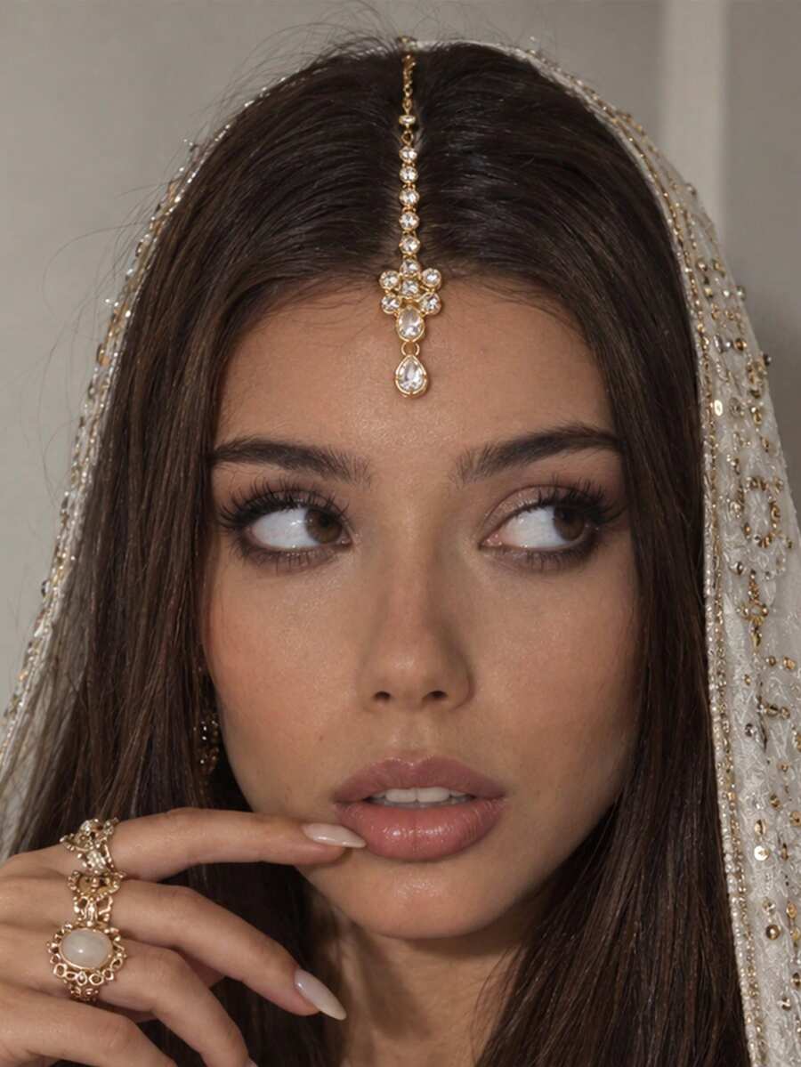 1pc Elegant Sparkling Rhinestone Forehead Hair Chain, Round Water Drop Crystal Headpiece, Suitable For Bridal Veil, Wedding, Evening Party - Rhinestones - View 1