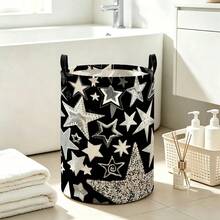 Black Storage Bin With Silver Star Pattern, Foldable Laundry Basket With Handle, Suitable For Teen Boys' Bedroom Toy And Dirty Clothes Storage - Black - View 3