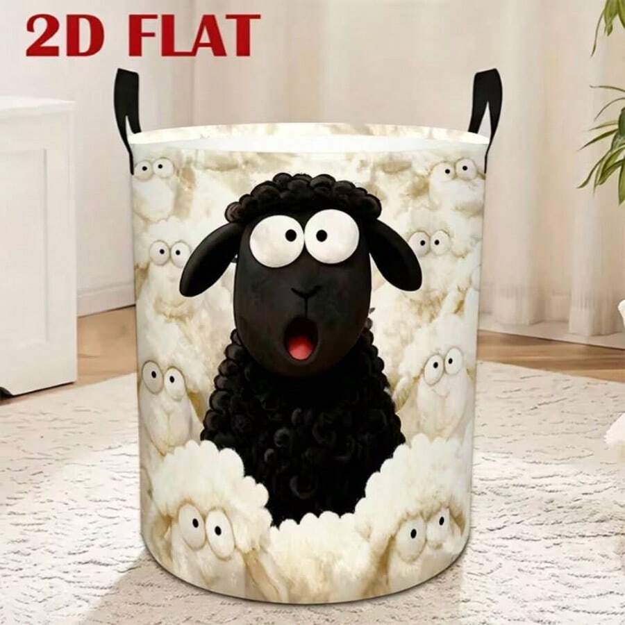 1pc Cute Cartoon Sheep Print Round Laundry Hamper With Handles, Large Capacity Foldable Fabric Storage Basket, Kids Toy & Dirty Clothes Organizer Bin For Nursery Bedroom Home Decor, Christmas Gift For Kids Toddler, Portable Space Saving - Multicolor - View 1
