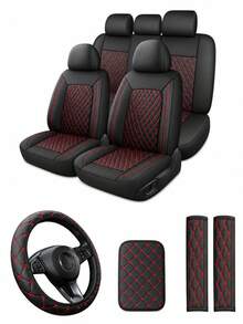 4/8/13pcs PU Leather Car Seat Covers Set, Includes Leather Steering Wheel Cover, Shoulder Pads And Armrest Pads - Multicolor - View 9