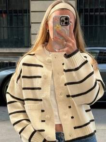 Women's Plus Size Autumn/Winter Fashion Casual Minimalist Button Knit Cardigan Top, Suitable For Outings, Concerts, Winter Style - White/Black - View 3