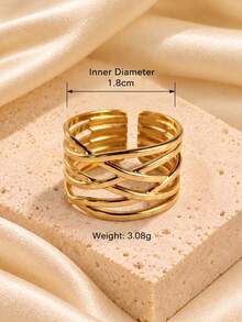European And American Fashion Gold Multi-Layer Cross Woven Hollow Open Ring, Women's Personalized Wide Band Stackable Finger Ring, Minimalist High-End Daily Commute Date Party Versatile Accessory Gift - Gold - View 4