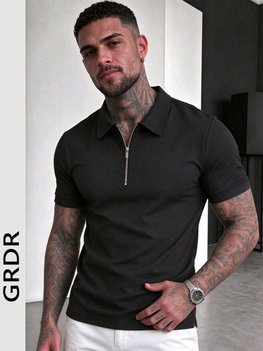 GRDR Men's Summer Half Zip Polo Shirt, Solid Color Classic Short Sleeve Suitable For Outdoor Casual Wear - Black - View 1