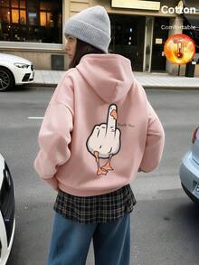 Autumn/Winter Women's Fleece Hoodie With Cartoon Duck Graphic And "Duck You" Print On Back, Y2K Style - Sand Red - View 10