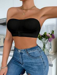 Front-Clasp Bandeau Bra, Removable Padding, Upgraded Non-Slip Silicone, Wire-Free, Criss-Cross Back Design - Black - View 8