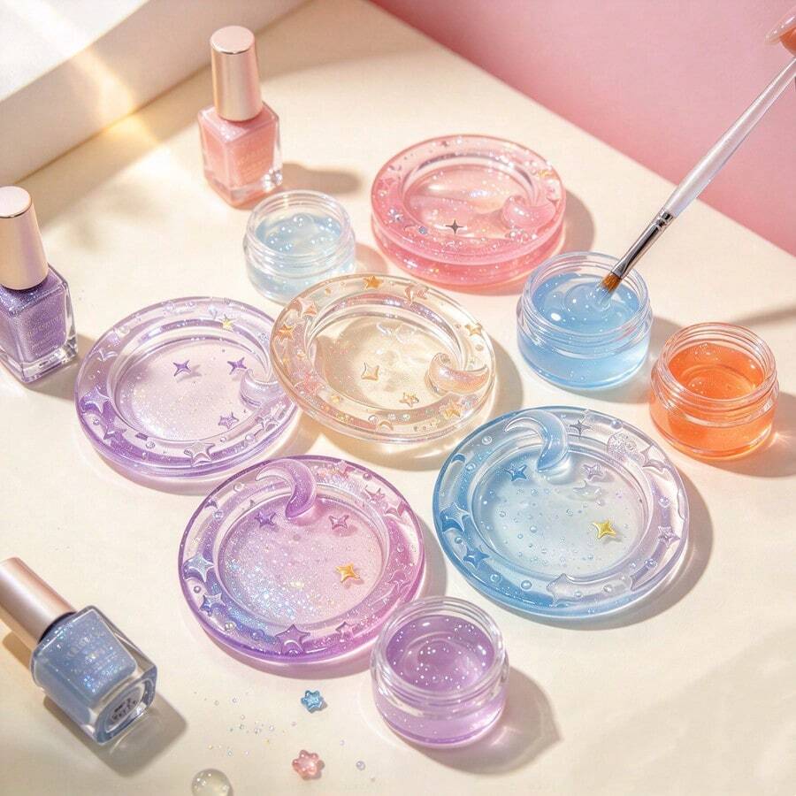 1pc Round Star & Moon Nail Art Color Palette Mini Nail Art Rhinestone & Pearl Storage Tray Multi-Functional Nail Gel Color Palette Cute Graffiti Watercolor Box - Multicolor - View 1