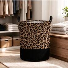 1 buah Keranjang Cucian Bulat Motif Leopard & Hitam dengan Pegangan, Keranjang Penyimpanan Pakaian Kotor Lipat Kapasitas Besar, Tempat Penyimpanan Serbaguna untuk Kamar Tidur, Kamar Mandi, Ruang Cuci, Asrama, Dekorasi Rumah - MultiWarna - View 4