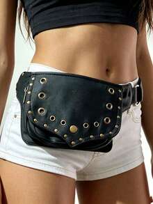 2026 New Black Rivet Flap Cargo Style Style Multifunctional Simple Canvas Waist Bag Unisex Handmade Travel - Black - View 3