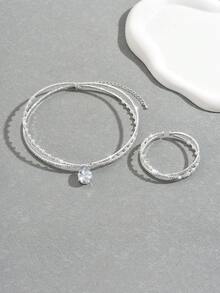 2件組女款奢華合金水滴水鑽仿珍珠頸鍊與手鍊套組，銀色，適合婚禮、派對、日常配戴 - 銀色N1608 - 查看 4