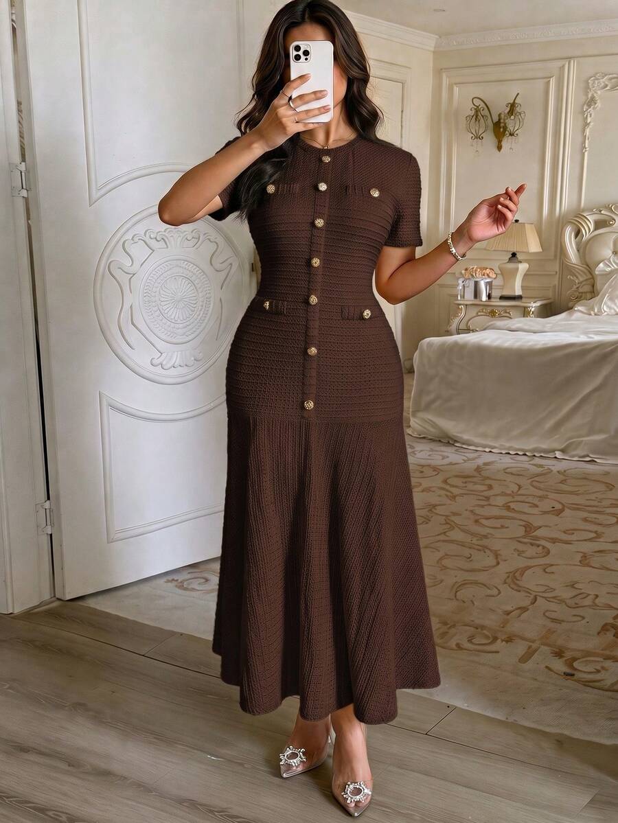 Unadoll Women Fall Brown Textured Midi Dress, Round Neck Faux‑Button Mermaid Dress, Chic Short Sleeve For Back To School, Party & Daily Wear
