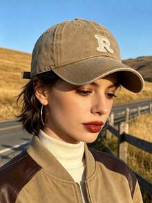 1pc Washed Baseball Cap, A-Z Letter, Classic Retro Dad Hat,Soft Sweatband,Adjustable Size,Lightweight Sun Protection,For Outdoor, Daily Autumn Outfits - Khaki - View 6