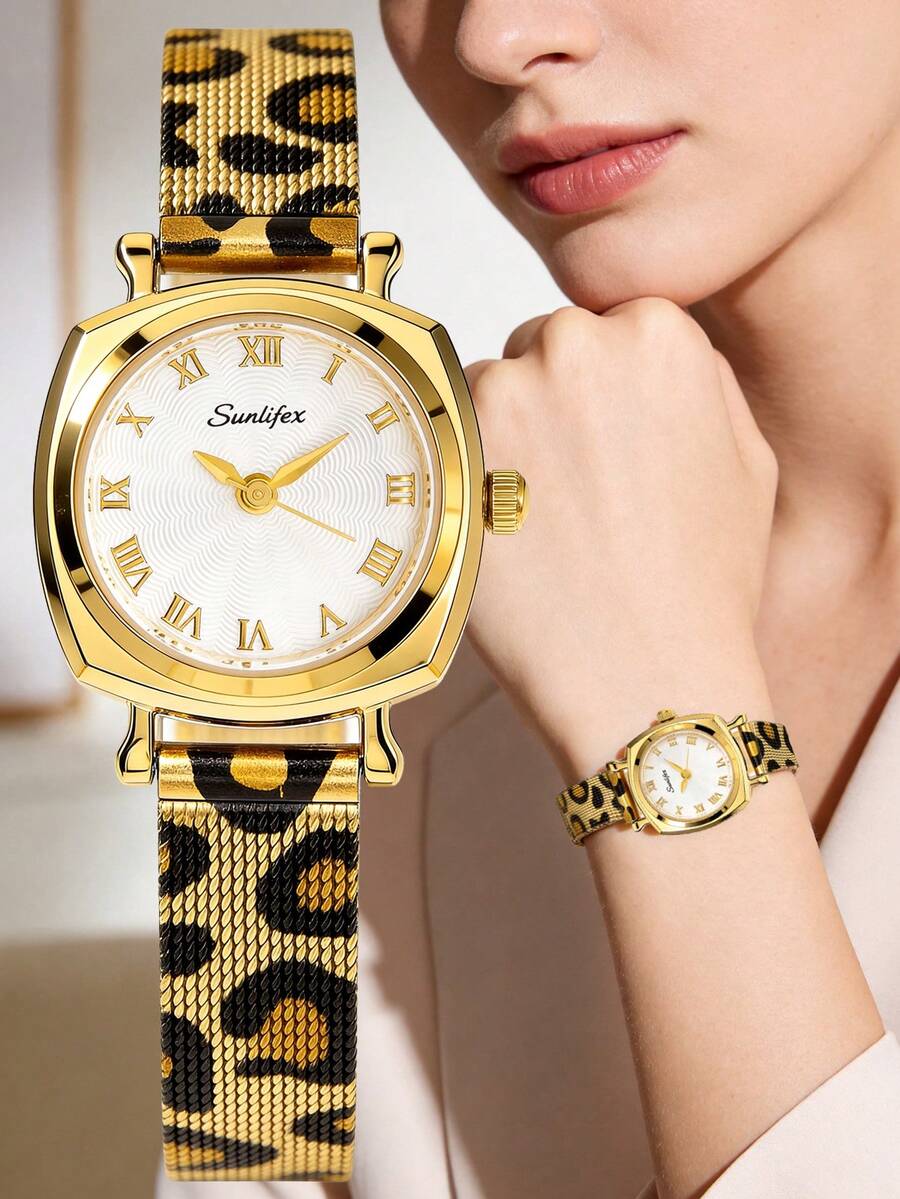 1pc Vintage Quartz Watch For Women, Featuring A Golden Alloy Case, A Simple White Square Dial With Roman Numerals,And A Leopard-Print Metal Mesh Strap - White - View 1