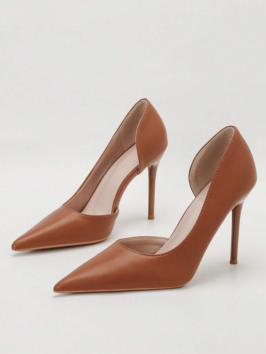 Sexy Nightclub Fitted Stiletto Ultra High Heel Low Vamp Side Cutout Pumps - Brown - View 1
