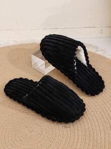 1 Pair Unisex Couple Striped Plush Closed-Toe Slippers, Warm Indoor Fuzzy House Shoes For Autumn/Winter - Black - View 8