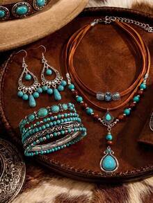 9/5/2pcs Western Turquoise Jewelry Set, Vintage Silver Teardrop Necklace, Earrings, Beaded Bracelet, Autumn/Winter Layered Accessories - Multicolor - View 1