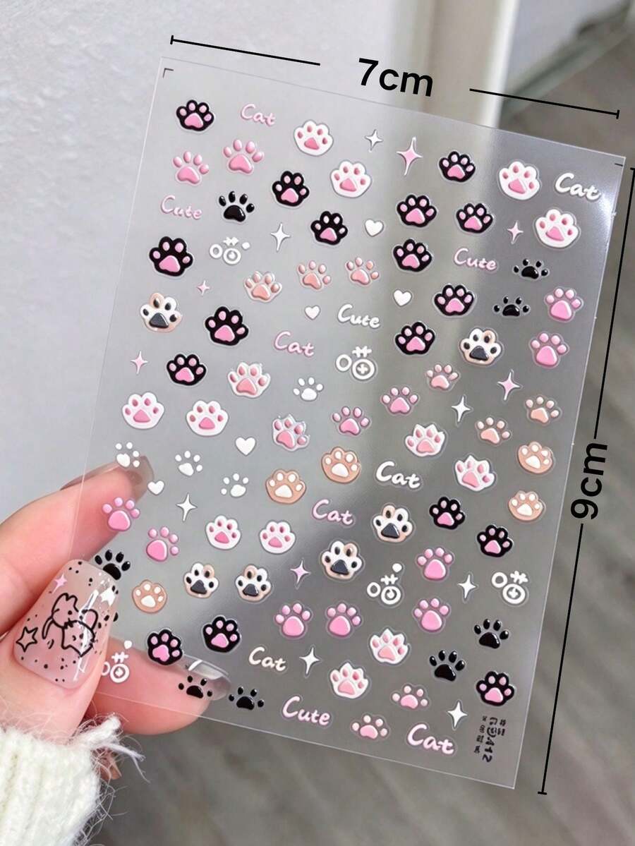1套貓爪圖案美甲貼紙，Ins甜美風，適用於指甲表面裝飾 - 貓爪貼紙 - 查看 1