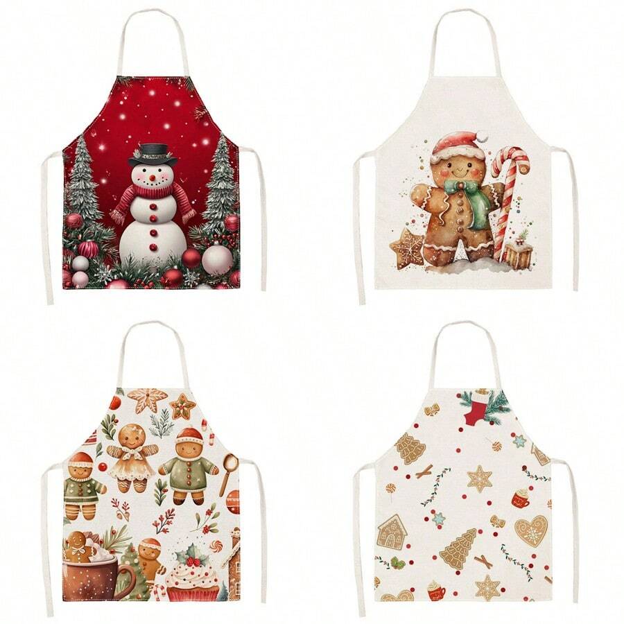 1pc Christmas Cute Snowman Print Apron - Sleeveless Halter Neck Design, Snowman With Top Hat And Red Scarf Paired With Silver Fir Tree And Christmas Ball Pattern, Suitable For Holiday Cooking And Baking, Home Chores Apron, Christmas Holiday Gift - Multicolor - View 1