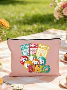 Bingo Letter Print Travel Toiletry Bag, Colorful Ribbon Decor, Cartoon Fun Multi-Function Canvas Bag, Charger Storage Bag, Travel Makeup Essentials Bag: Women's Travel Essentials Bag, Unisex Zipper Bag, Lightweight Travel - Multicolor - View 5