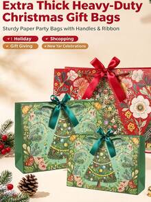 Heavy-Duty Thick Paper Christmas Gift Bags With Handles & Ribbon, Christmas Tree Print Holiday Party Bags For Gift Wrapping, Holiday Shopping, Christmas Celebrations And New Year Events - Multicolor - View 5