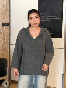 Plus Size Women's Autumn/Winter Essential Vintage Hooded V-Neck Short Sleeve Drawstring Loose Casual Everyday Sweater - Dark Grey - View 5