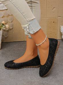 Black Lace Sequin Ballet Shoes Women's Round Toe Breathable Mesh Foldable Soft Sole Daily Commute Ballet Shoes - Black - View 4