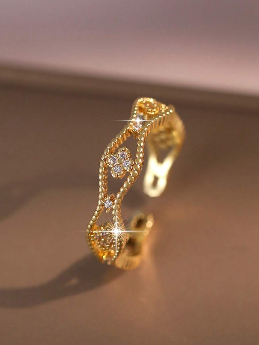 1pc Luxury Double Line Floral Cubic Zirconia Open Women's Ring, Fashion Exquisite Hollow Adjustable Ring For Party Wedding Daily Gift Accessories - Gold - View 1