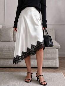 Women's Casual Inner/Outer Wear Solid Color High-Quality Satin Asymmetric Hem Lace Patchwork Mid-Length A-Line Skirt - White - View 1