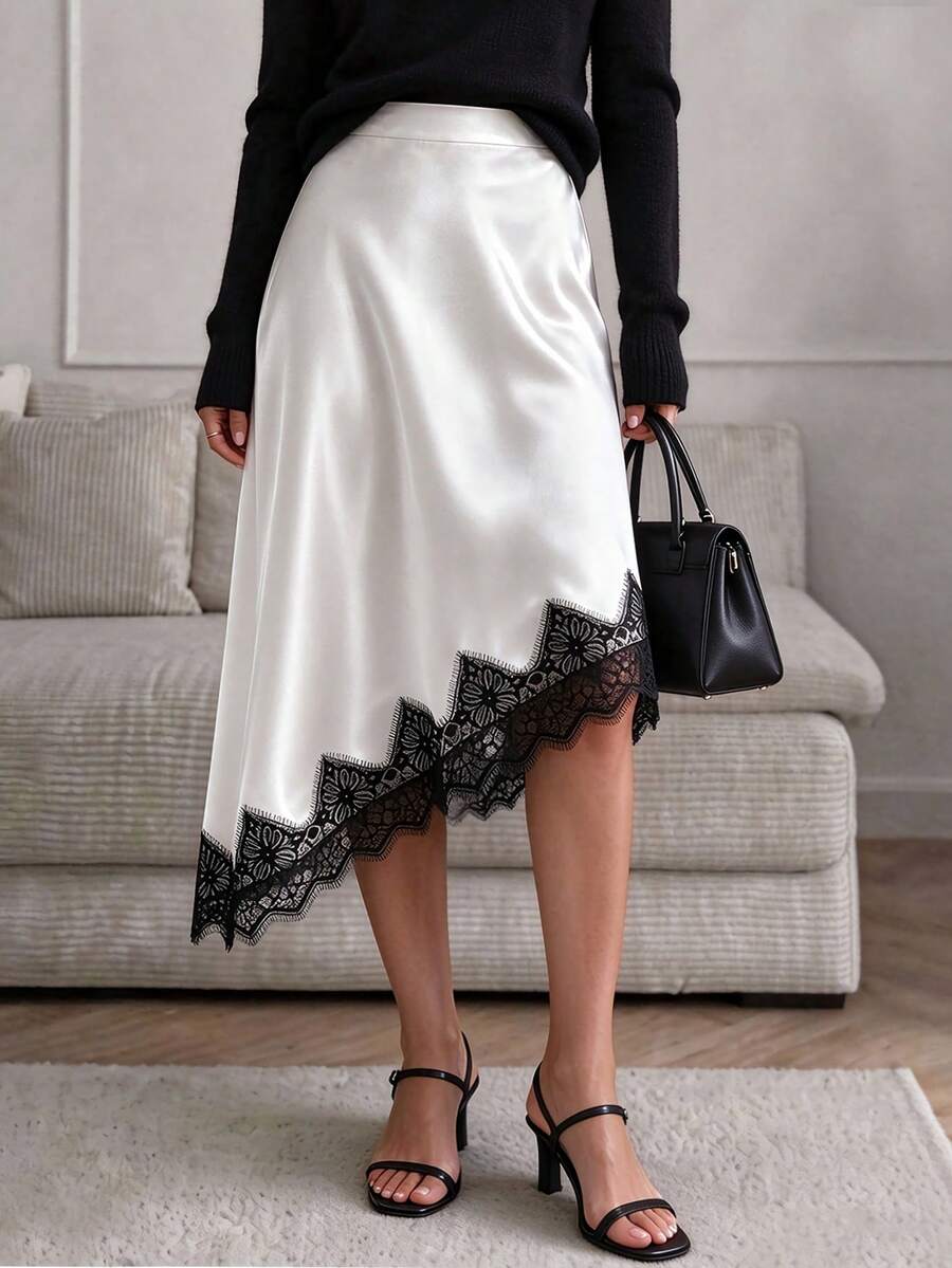 Women's Casual Inner/Outer Wear Solid Color High-Quality Satin Asymmetric Hem Lace Patchwork Mid-Length A-Line Skirt - White - View 1