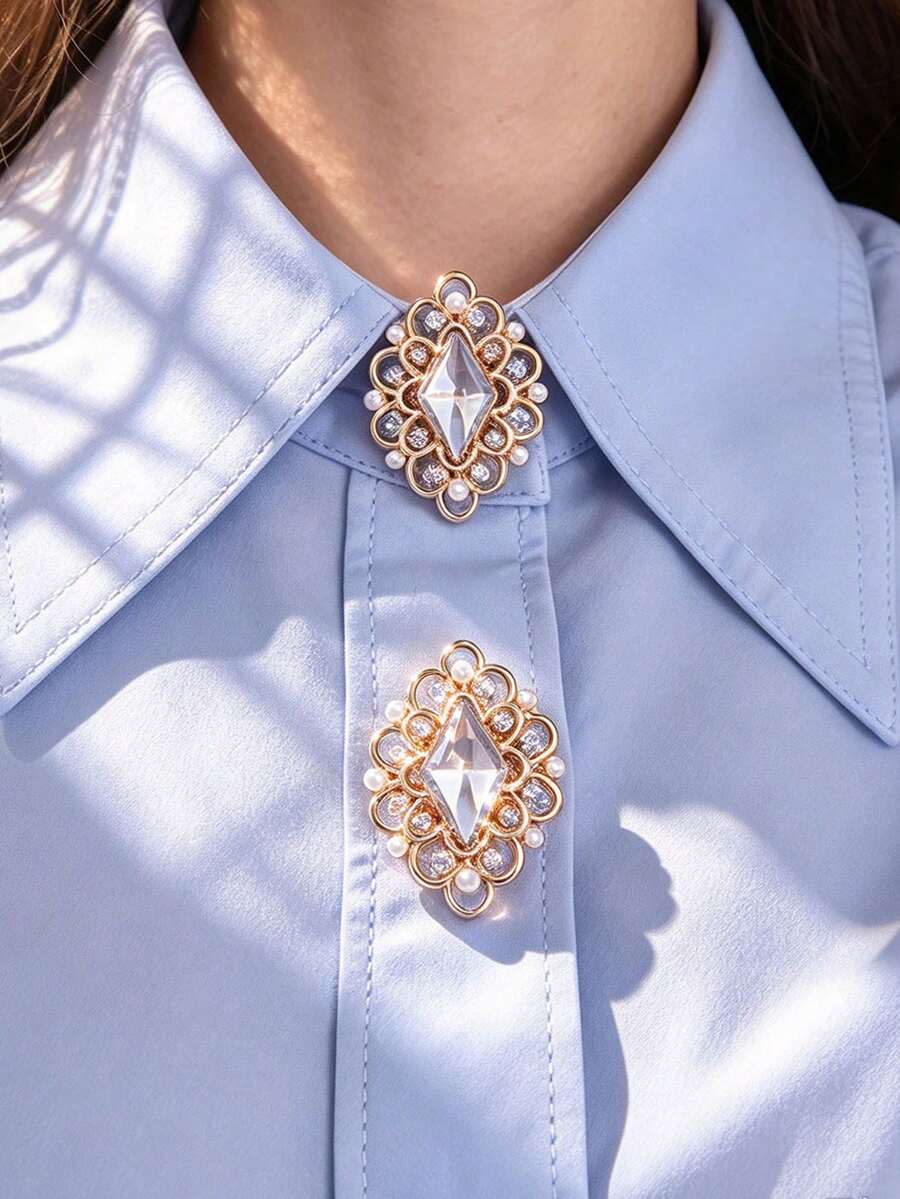 1pc/2pcs Elegant Geometric Diamond Button Cover, Shirt Button Cover Clip-On Button Cover Fashion Crystal Cufflinks Cover - White - View 1