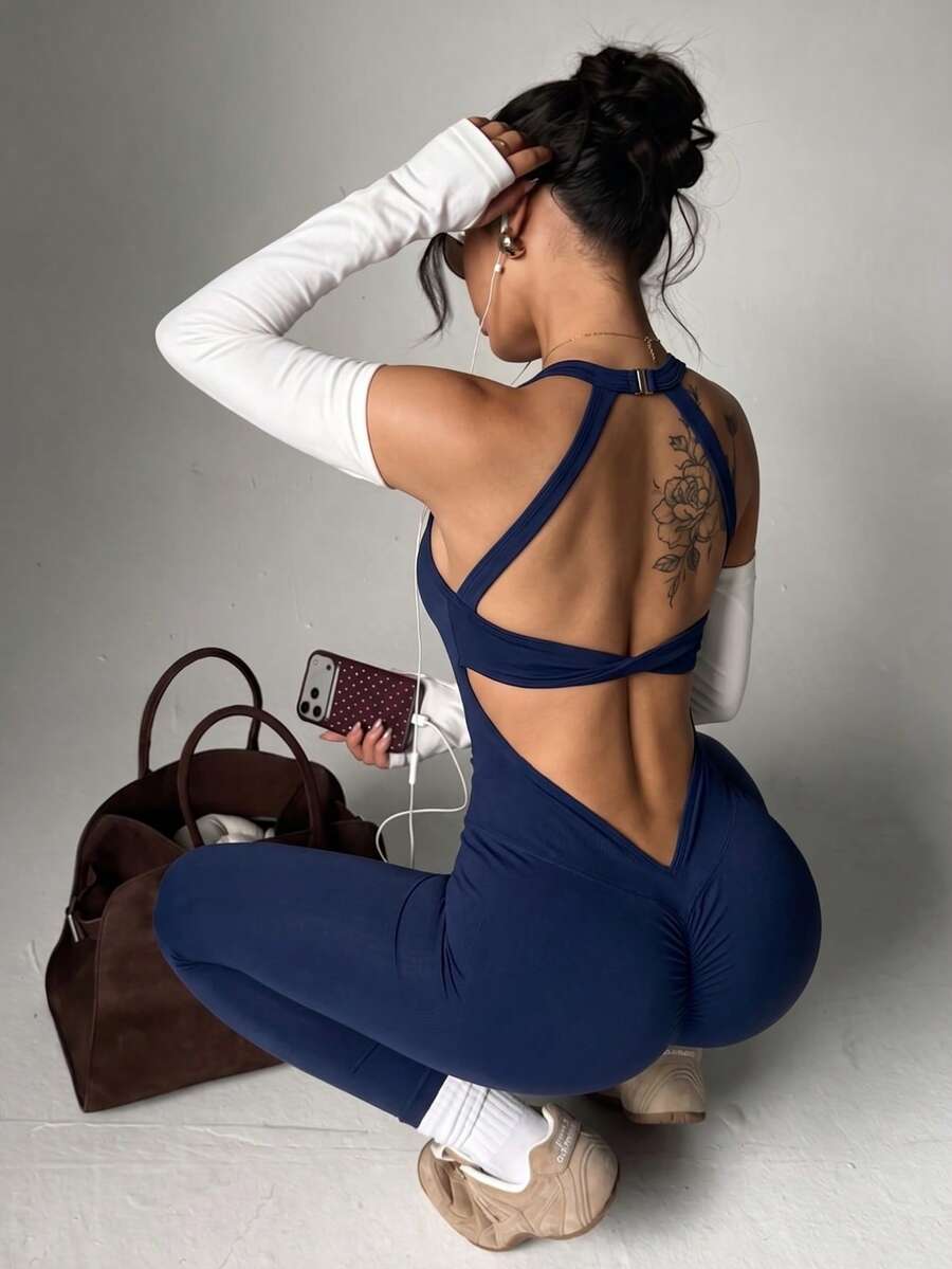 Slayoga 無縫高彈性性感運動連身衣,適合運動與休閒穿著,夏季風格 - 藏蓝色 - 查看 1