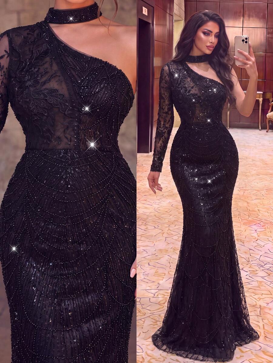 Elegant Beaded One-Shoulder Mermaid Tail Fitted Evening Gown, Suitable For Weddings, Galas, Formal Dinners And High-End Evening Events