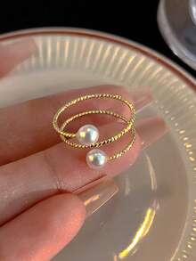 1pc Minimalist Versatile Resin Faux Pearl Adjustable Open Ring, Suitable For Women's Daily, Holiday, Party Wear And Gifting - Yellow Gold - View 2