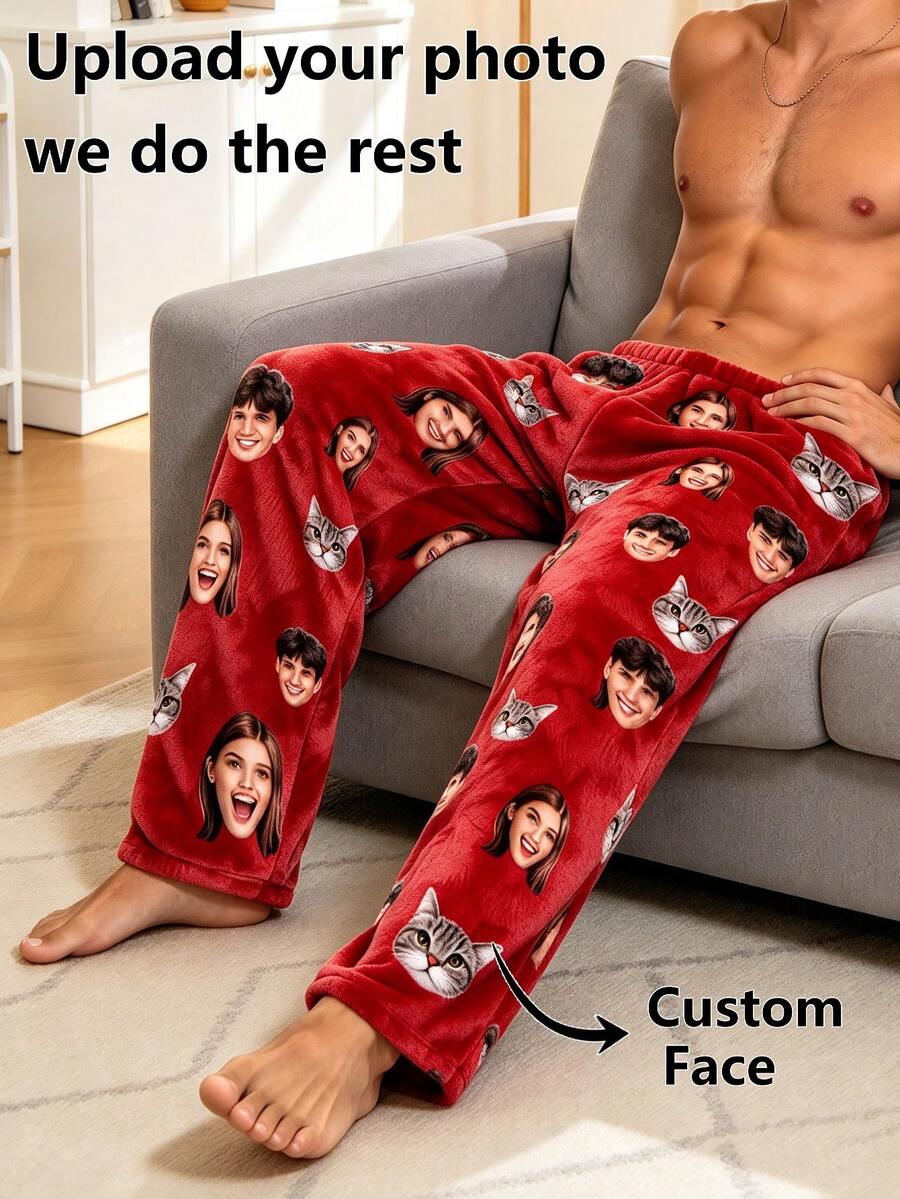 1pc Men's Customized Face & Pet Cat Photo Red Pajama Pants, Personalized Christmas Home Lounge Pants, Christmas Gift For Husband - Multicolor - View 1