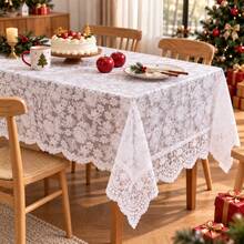 FLYINGCURTAINS White Floral Lace Rectangular Tablecloth, Semi Sheer Hollow Table Cover With Scalloped Edge, Vintage Table Cloth For Christmas Wedding Party Dining Table Decor - White - View 1