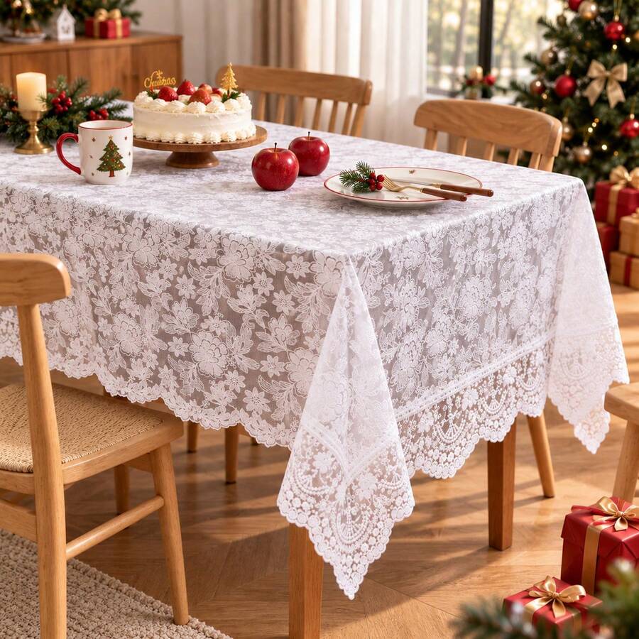 FLYINGCURTAINS White Floral Lace Rectangular Tablecloth, Semi Sheer Hollow Table Cover With Scalloped Edge, Vintage Table Cloth For Christmas Wedding Party Dining Table Decor - White - View 1