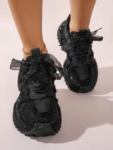 Women's Sports Shoes, Shiny Rhinestone Thick Sole Height-Increasing Lace-Up Casual Shoes, Suitable For Daily Wear In Autumn/Winter - Black - View 1
