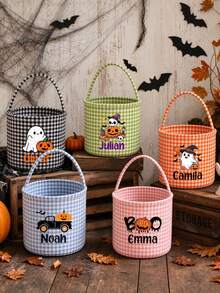 Customized Name Halloween Trick Or Treat Bucket, Orange Plaid Portable Candy Basket, Personalized Text, Halloween Party Gift Candy Bucket - Multicolor - View 5