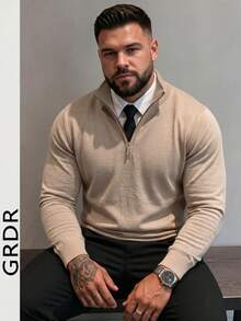 GRDR Men's Plus Size Half-Zip Sweater, Autumn/Winter Essential, Daily Wear - Camel - View 4