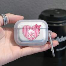 1PC Pink Heart Striped Bow Bear Print Earphone Case, Compatible With AiPods1/2, AirPods3, AirPods4, AirPods5, AirPodsPro, AirPodsPro3, With Hook Full Coverage Anti-Drop Transparent Protective Cover - Clear - View 5